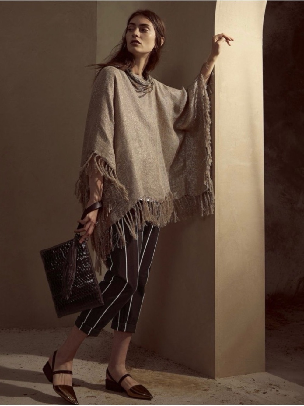 Brunello Cucinelli Metallic Linen-Blend Fringed Poncho -Greige with Gold Shimmer